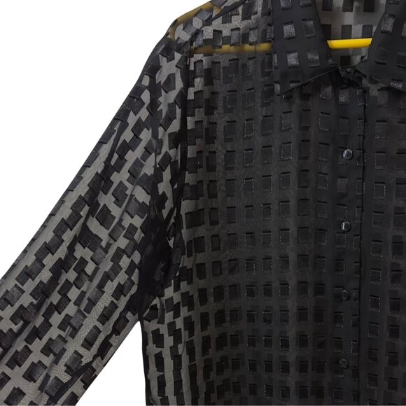 Notations Clothing Co. Black Semi Sheer Checkered Button-Up Blouse Size XL Top - Picture 5 of 7